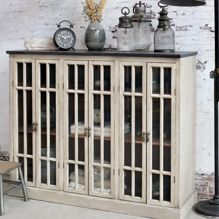 Skenkur með 6 glerhurðum og svörtum toppi