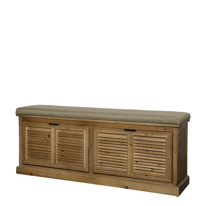 Bekkur  með hörlituðu efni og skóskúffum