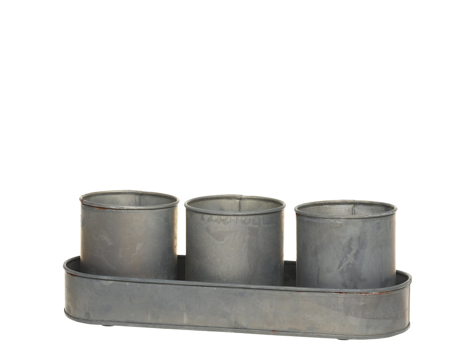 Blómapottur 3 saman á bakka Zink